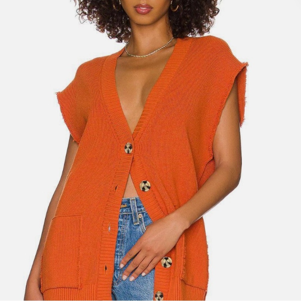 Orange Sleeveless Cardigan with Button Detail